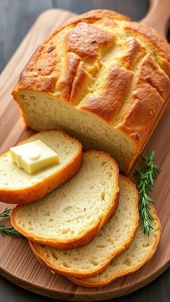 Easy Keto Bread Recipe Sliced keto bread on a wooden board with butter and herbs.
